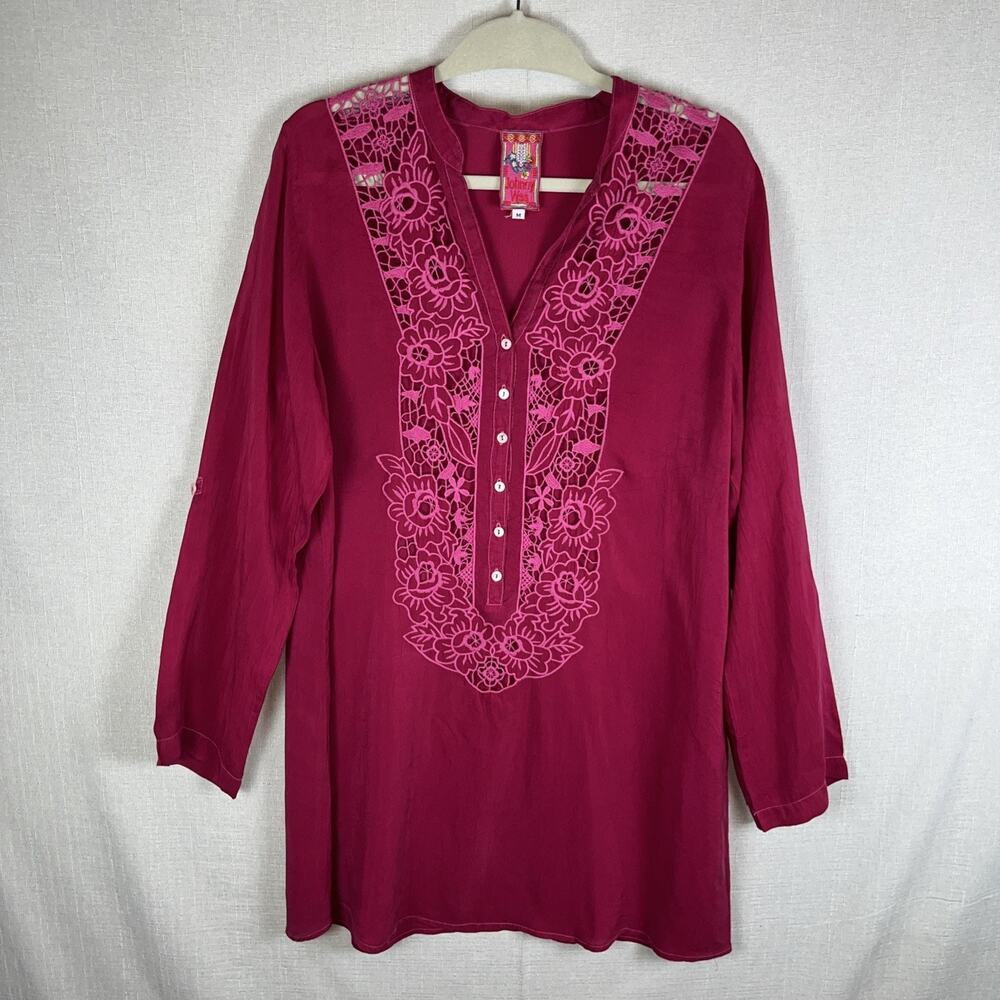 Johnny Was Size M Fushia Cupra Rayon Floral Embroidered Eyelet Lace Tunic Top